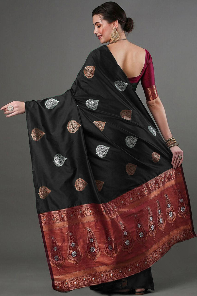 Glittering Black Soft Silk Saree With Opulent Blouse Piece