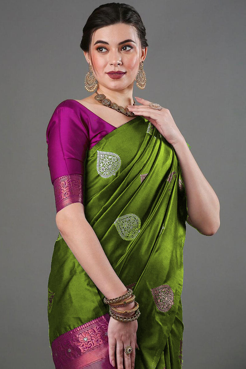 Majesty Mahendi Soft Silk Saree With Petrichor Blouse Piece