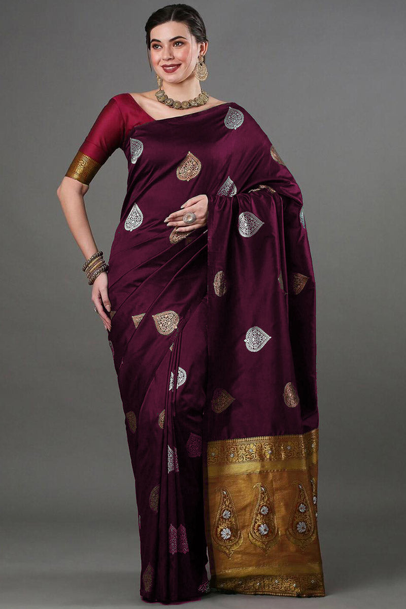 Transcendent Wine Soft Silk Saree With Adorable Blouse Piece