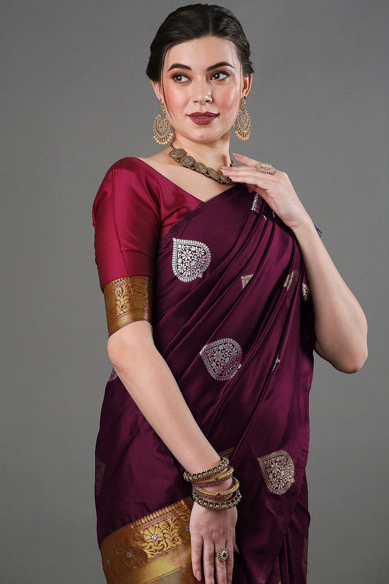 Transcendent Wine Soft Silk Saree With Adorable Blouse Piece