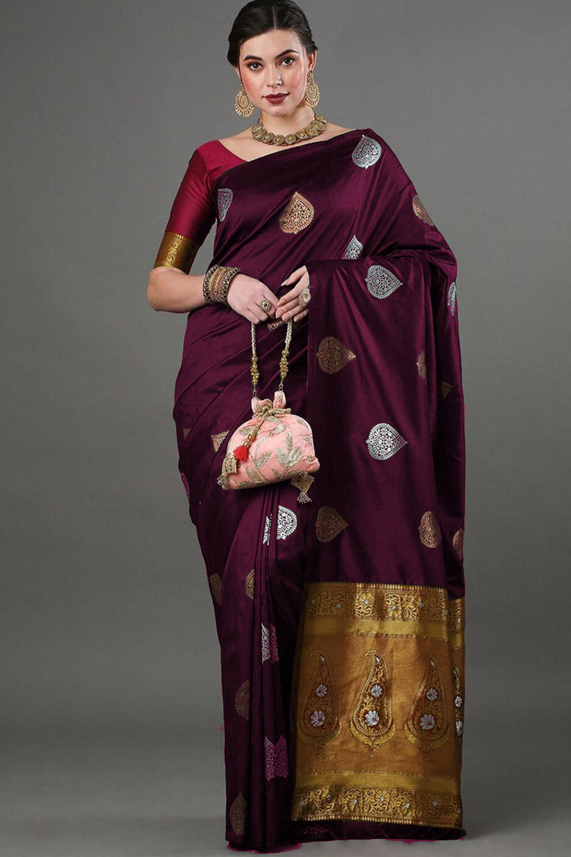 Transcendent Wine Soft Silk Saree With Adorable Blouse Piece