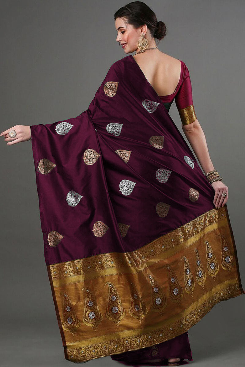 Transcendent Wine Soft Silk Saree With Adorable Blouse Piece