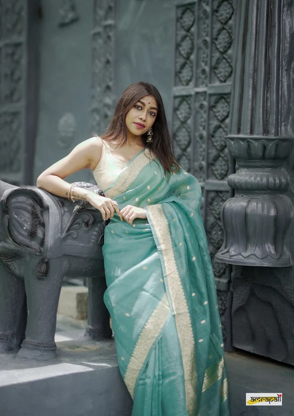 Dazzling Firozi Cotton Silk Saree With Fancifull Blouse Piece