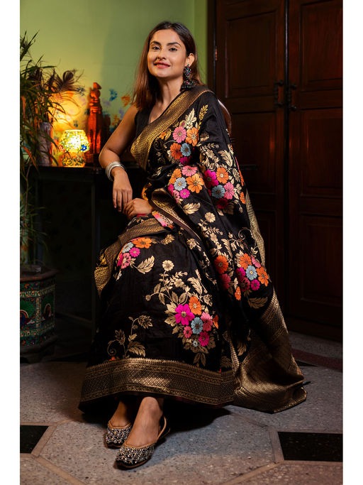 Demanding Black Soft Banarasi Silk Saree With Elaborate Blouse Piece