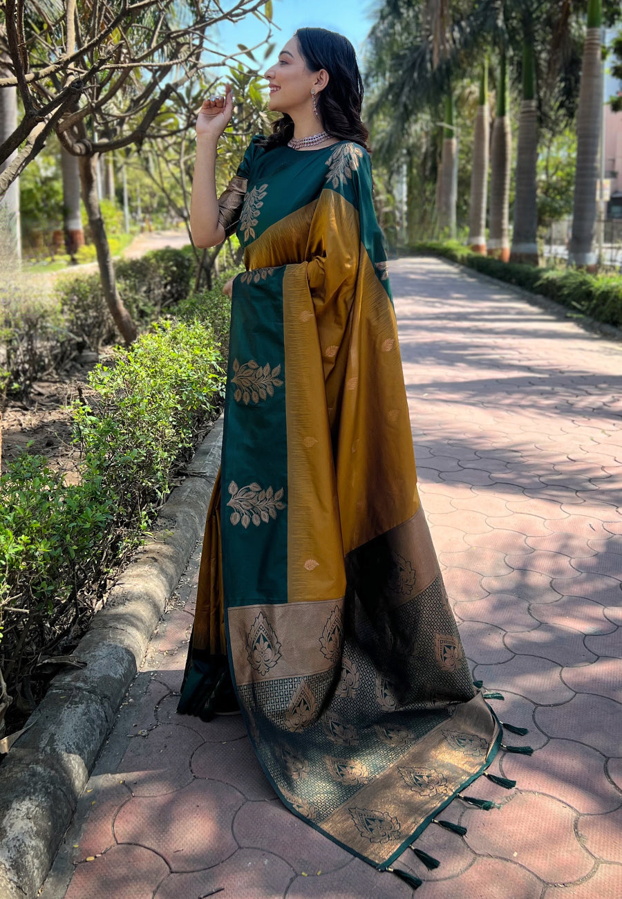 Demanding Mustered Soft Silk Saree With Flamboyant Blouse Piece