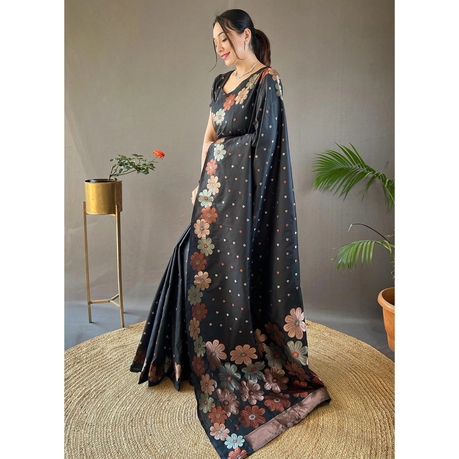 Palimpsest Black Soft Silk Saree With Radiant Blouse Piece