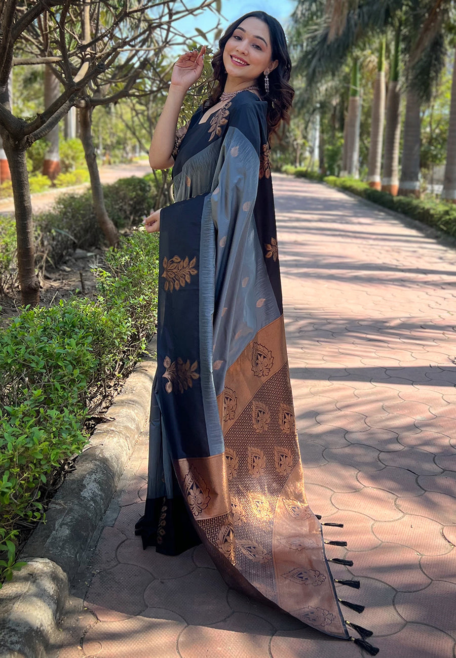 Lovely Grey Soft Silk Saree With Phenomenal Blouse Piece