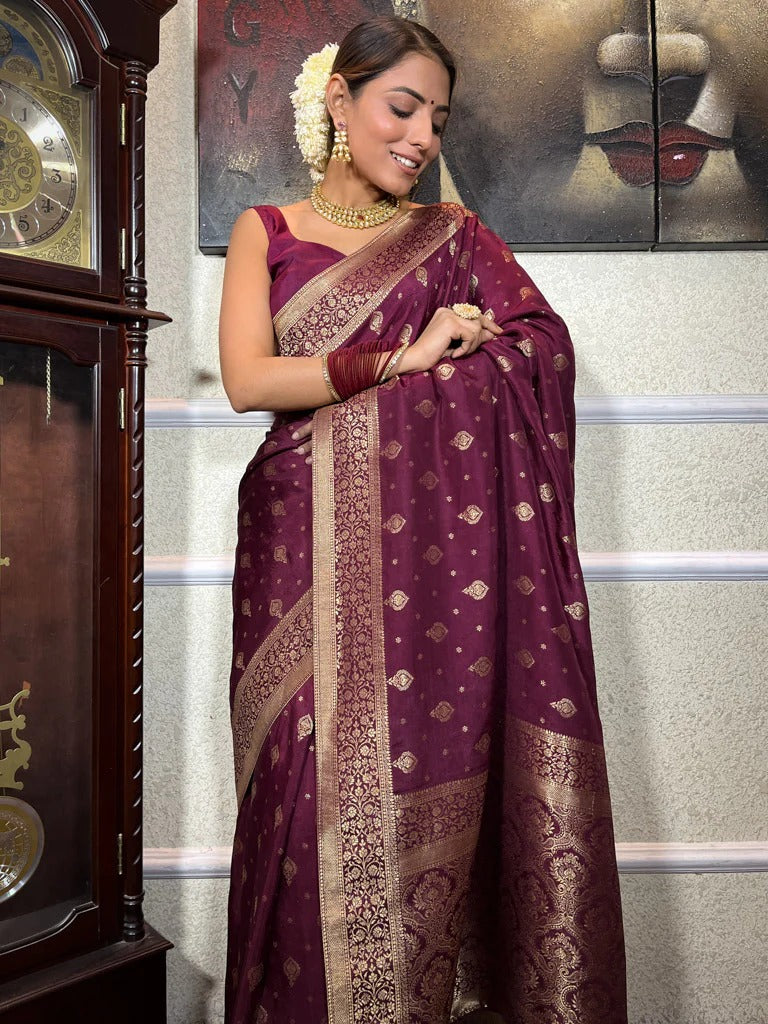 Demure Wine Soft Silk Saree With Elision Blouse Piece