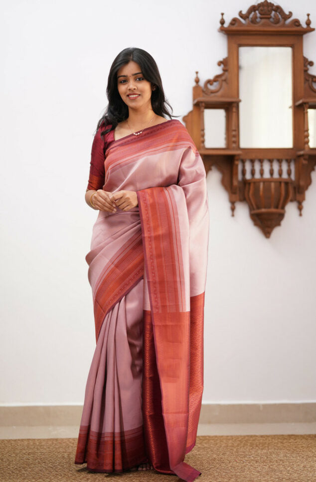 Scrumptious Pastel Pink Soft Banarasi Silk Saree With Blouse Piece