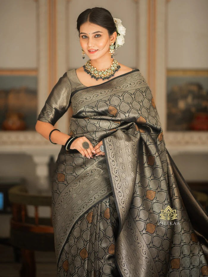 Angelic Black Soft Silk Saree With Exceptional Blouse Piece