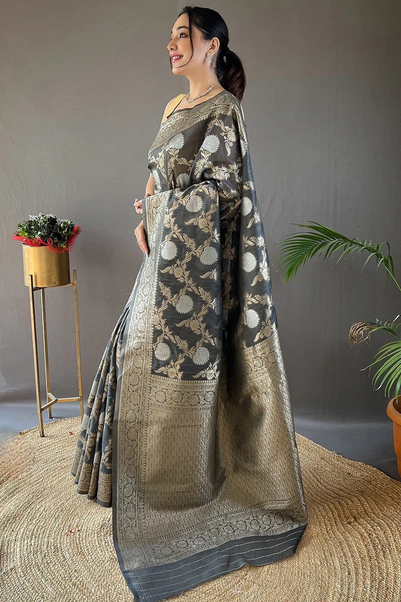 Elegant Grey Soft Silk Saree With Flameboyant Blouse Piece