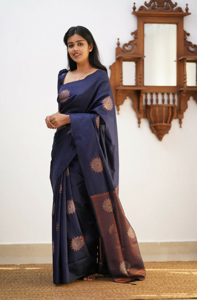 Amazing Navy Blue Soft Silk Saree With Staggering Blouse Piece