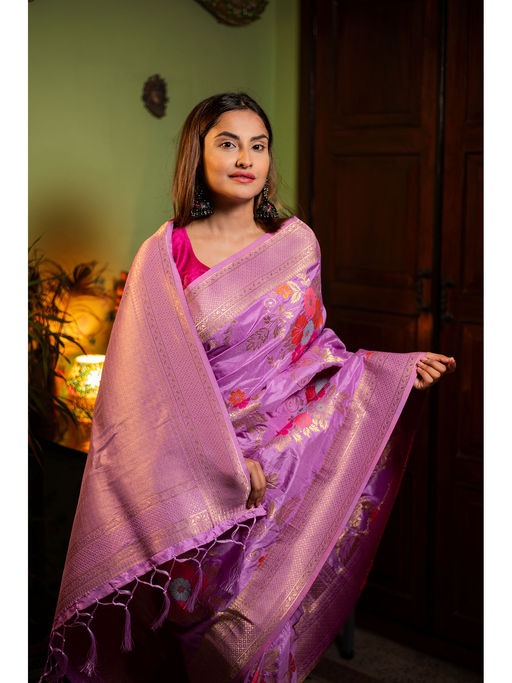 Flamboyant Lavender Soft Banarasi Silk Saree With Glowing Blouse Piece