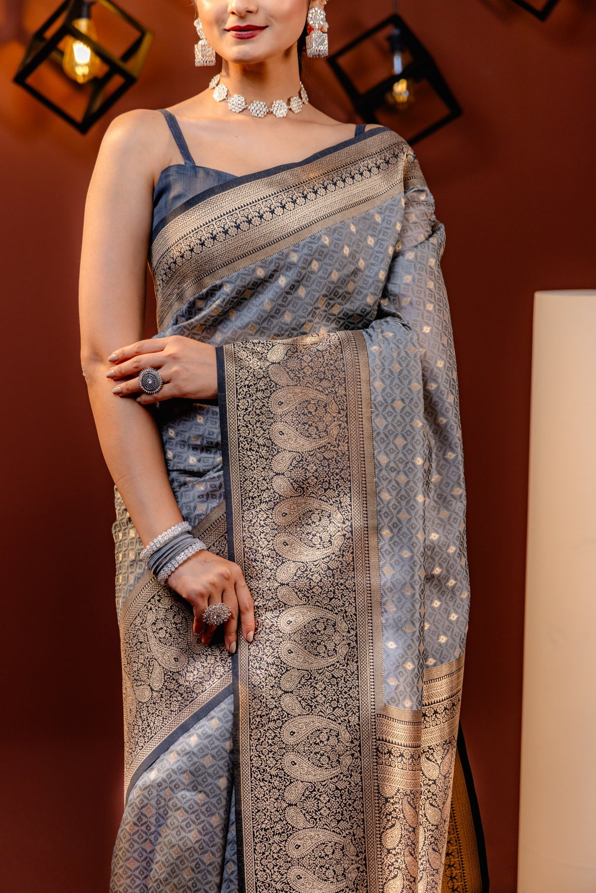 Innovative Grey Soft Banarasi Silk Saree With Wonderful Blouse Piece