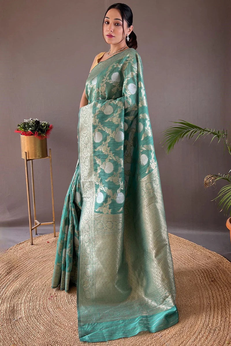 Incomparable Sea Green Soft Silk Saree With Mesmeric Blouse Piece