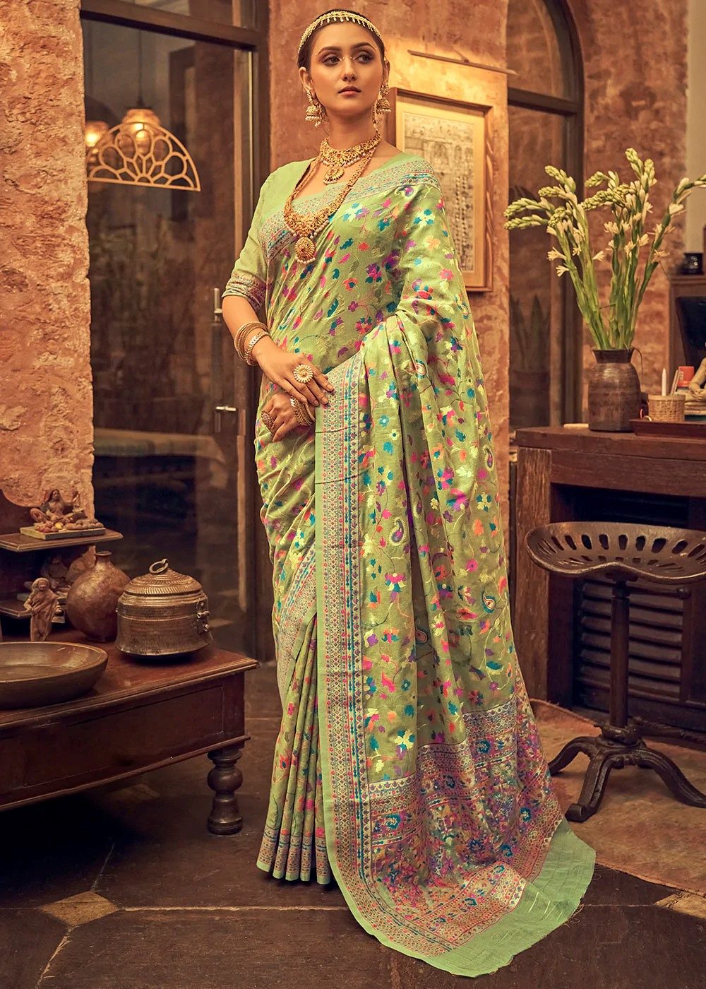 Admirable Pista Cotton Silk Saree With Beleaguer Blouse Piece