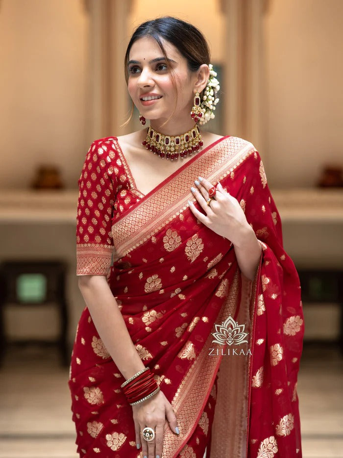 Prettiest Red Soft Silk Saree With Most Surreptitious Blouse Piece