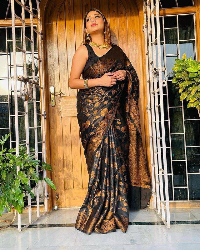 Devastating Black Soft Banarasi Silk Saree With Snazzy Blouse Piece