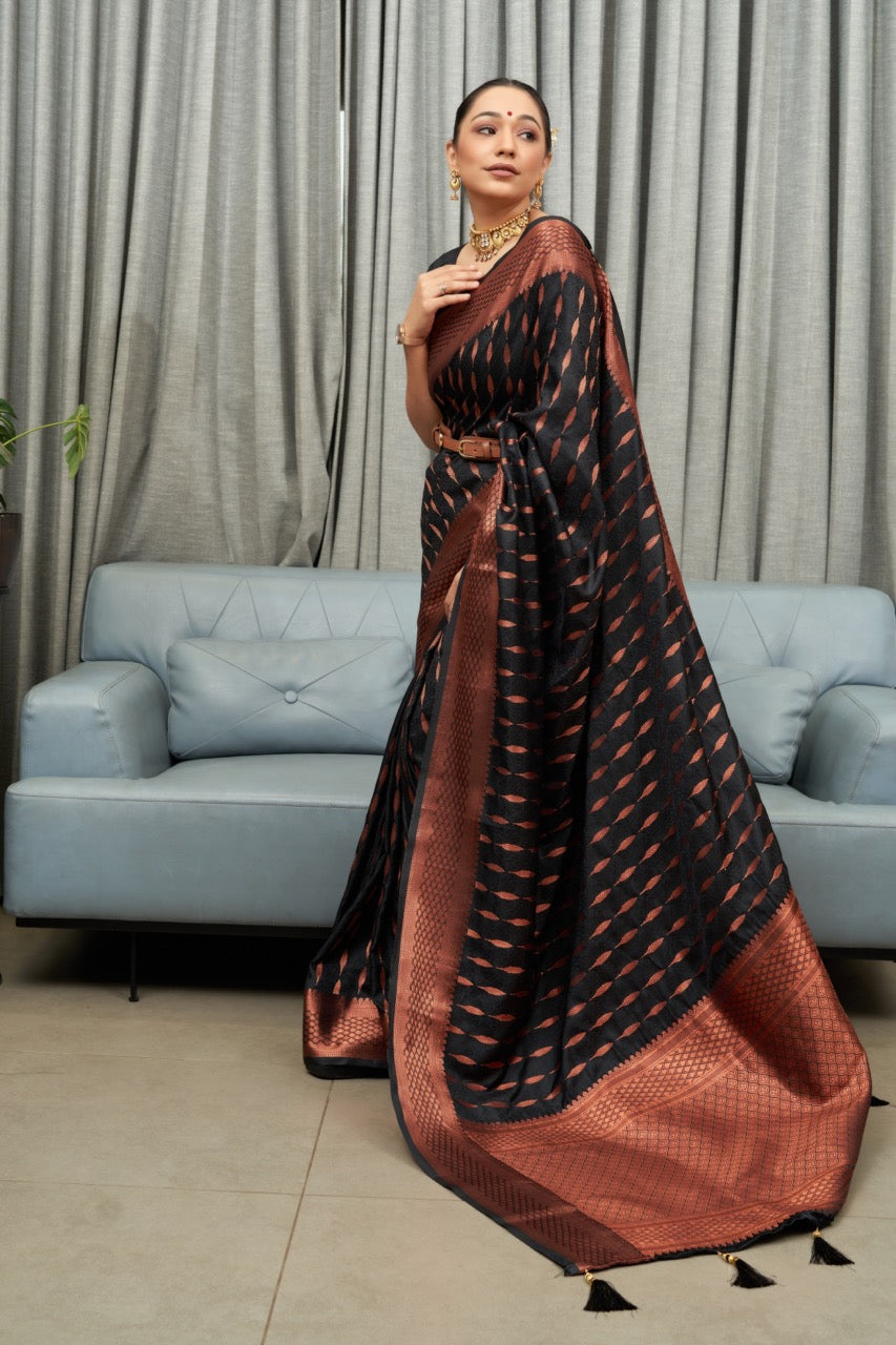 Admirable Black Soft Silk Saree With Beleaguer Blouse Piece