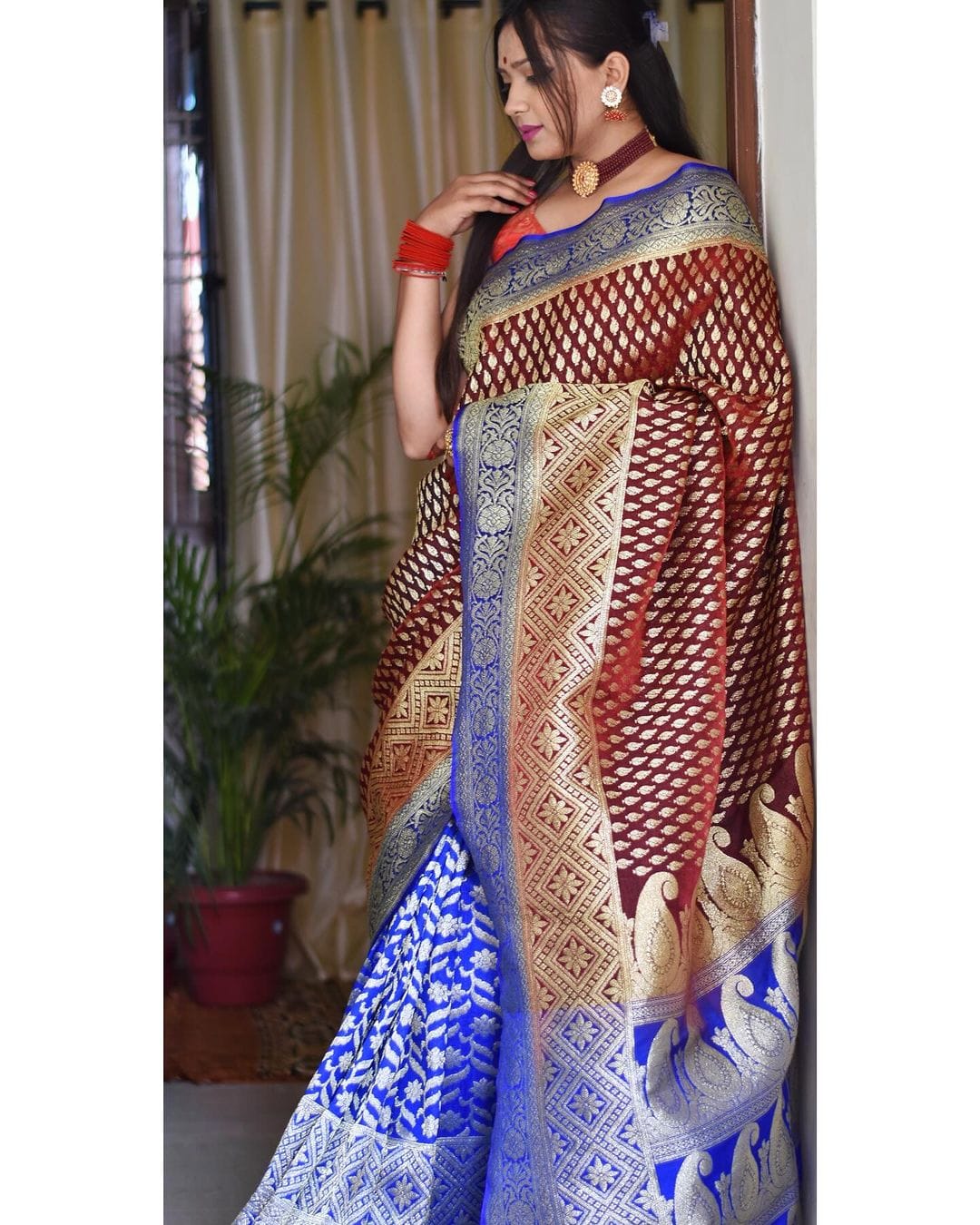 Desuetude Blue & Maroon Soft Silk Saree With Engrossing Blouse Piece