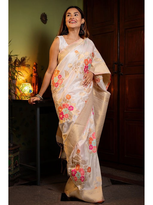 Classic Beige Soft Banarasi Silk Saree With Blissful Blouse Piece