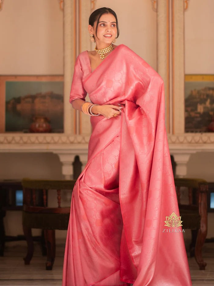 Engaging Pink Soft Silk Saree With Assemblage Blouse Piece