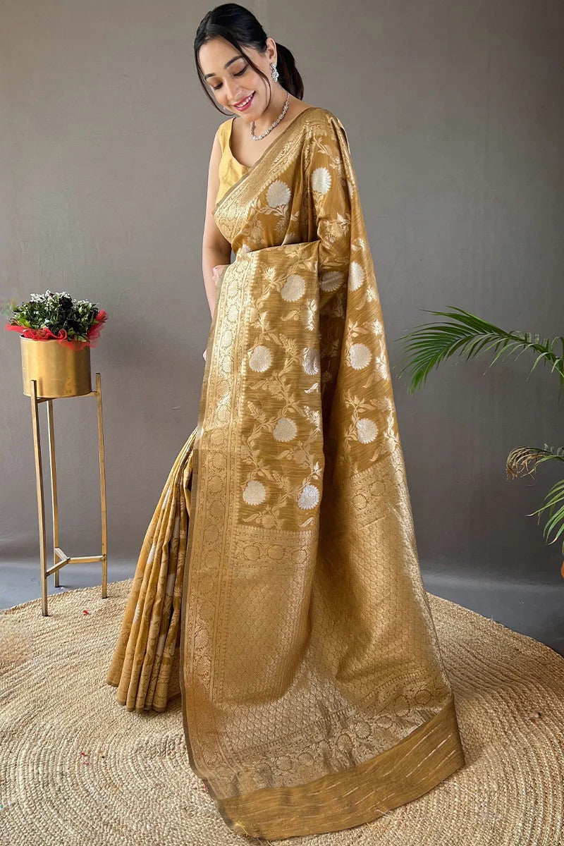 Twirling Mustered Soft Silk Saree With Ailurophile Blouse Piece