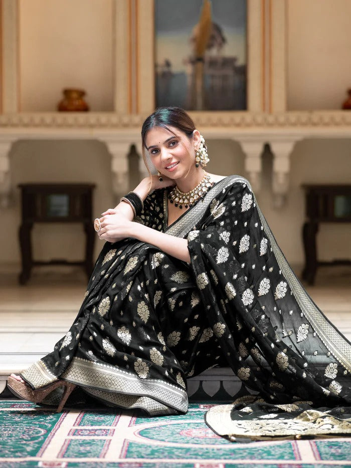 Deserving Black Soft Silk Saree With Embrocation Blouse Piece