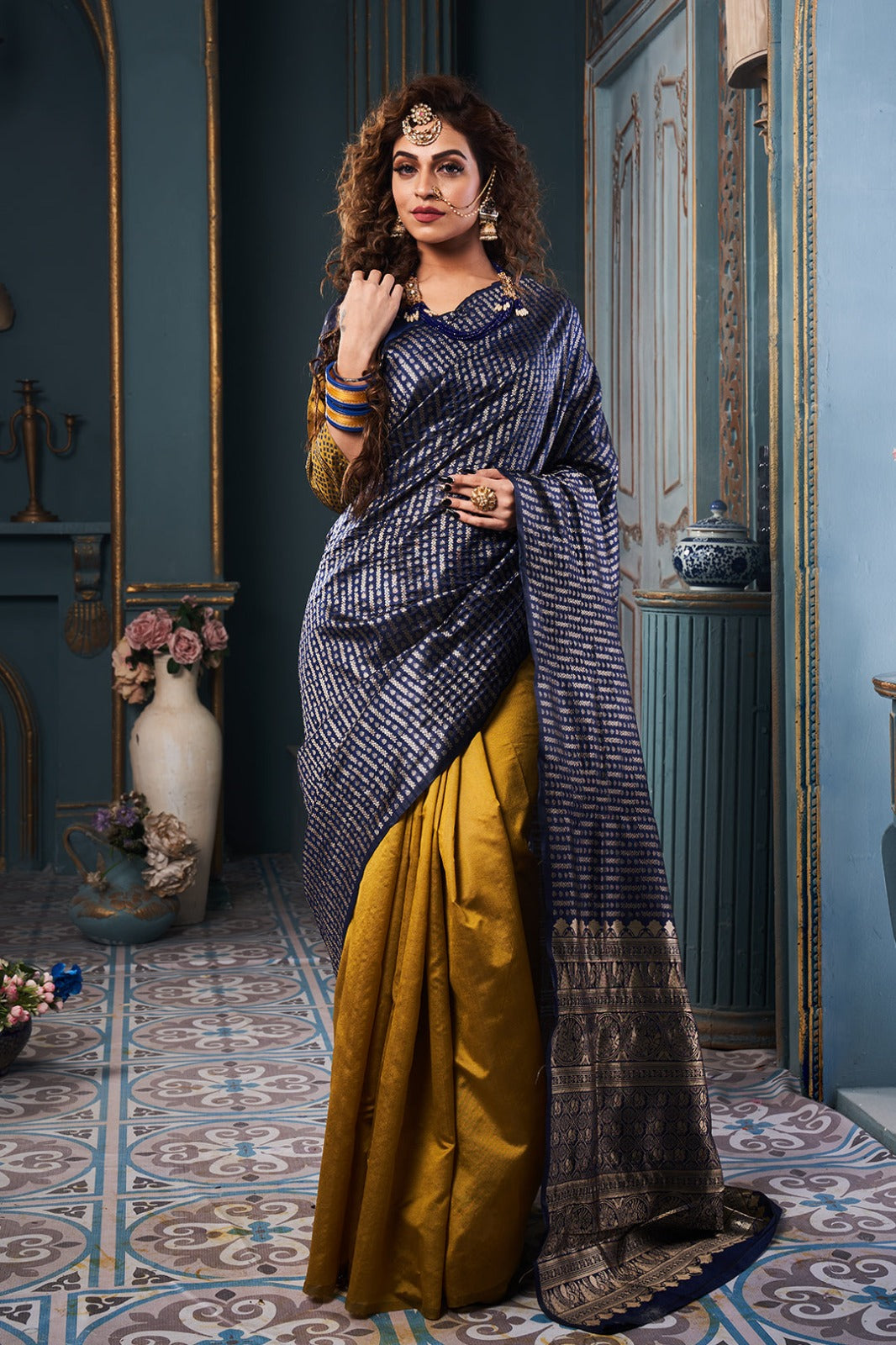 Majesty Blue And Mustered Soft Banarasi Silk Saree With Blouse Piece