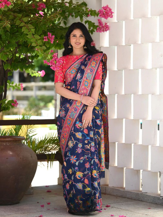 Extravagant Blue Pashmina Saree With Beleaguer Blouse Piece