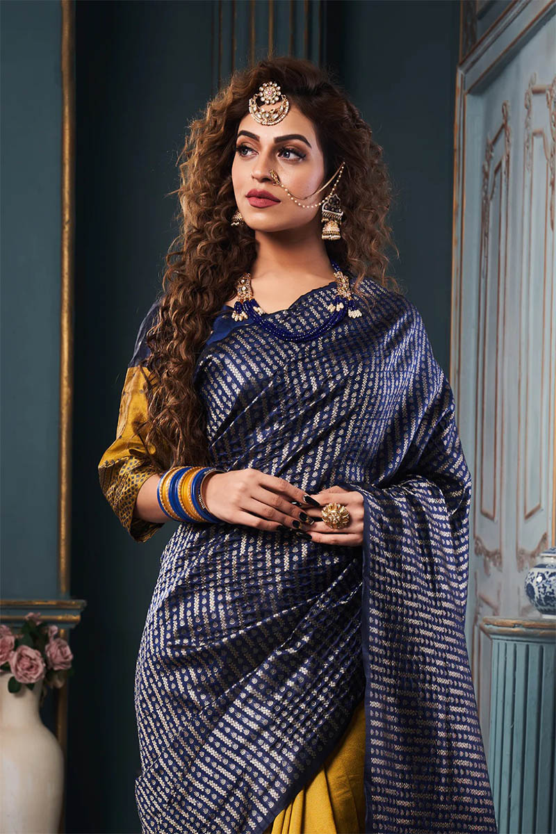 Majesty Blue And Mustered Soft Silk Saree With Devastating Blouse Piece