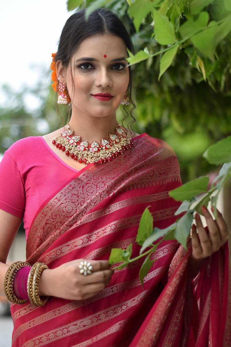 Flamboyant Pink Soft Silk Saree With Glowing Blouse Piece