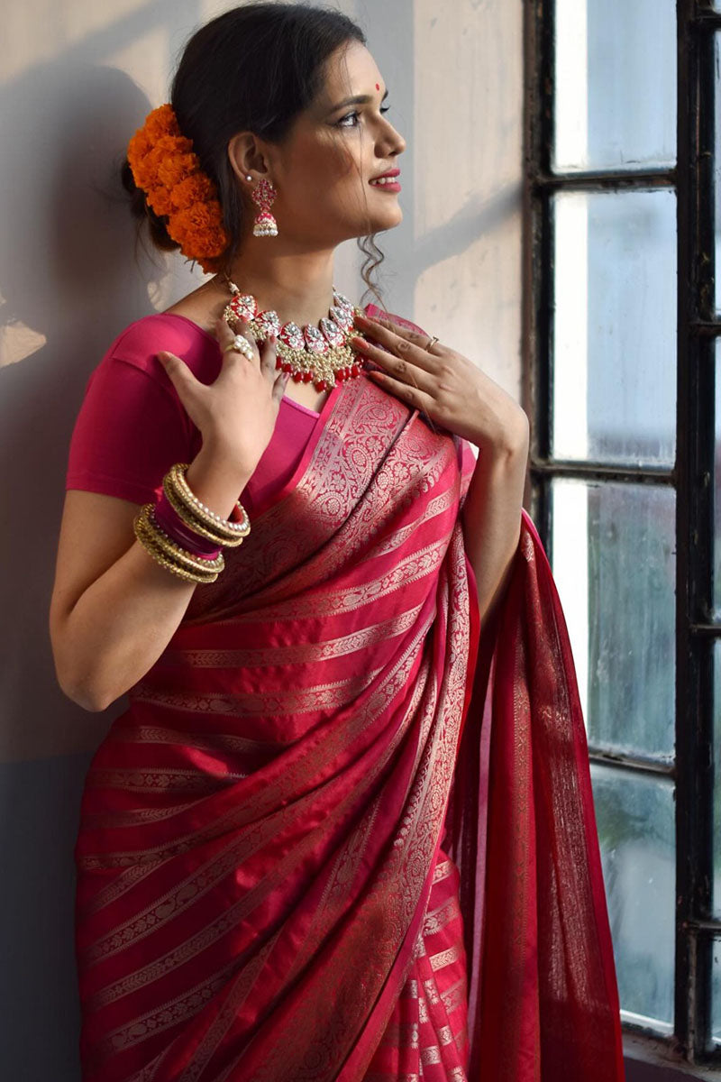 Flamboyant Pink Soft Silk Saree With Glowing Blouse Piece