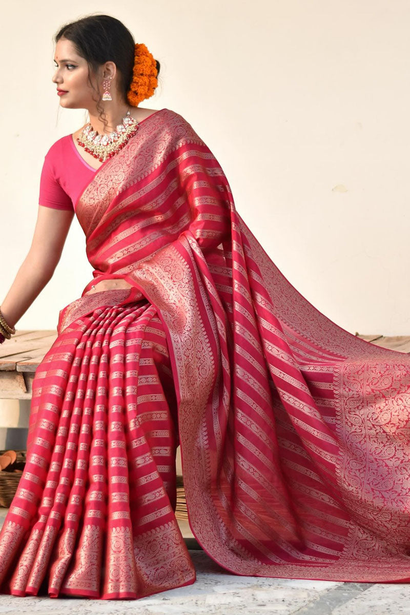 Flamboyant Pink Soft Silk Saree With Glowing Blouse Piece