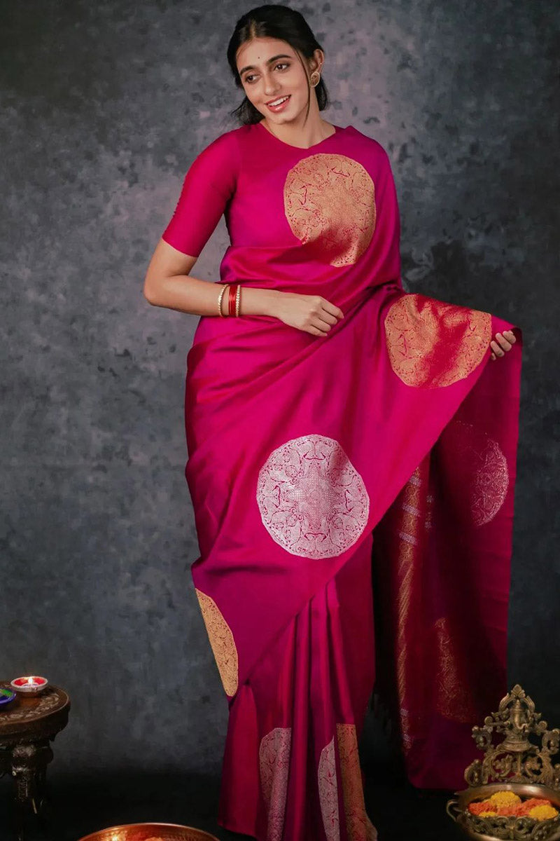 Demanding Pink Soft Silk Saree With Elaborate Blouse Piece