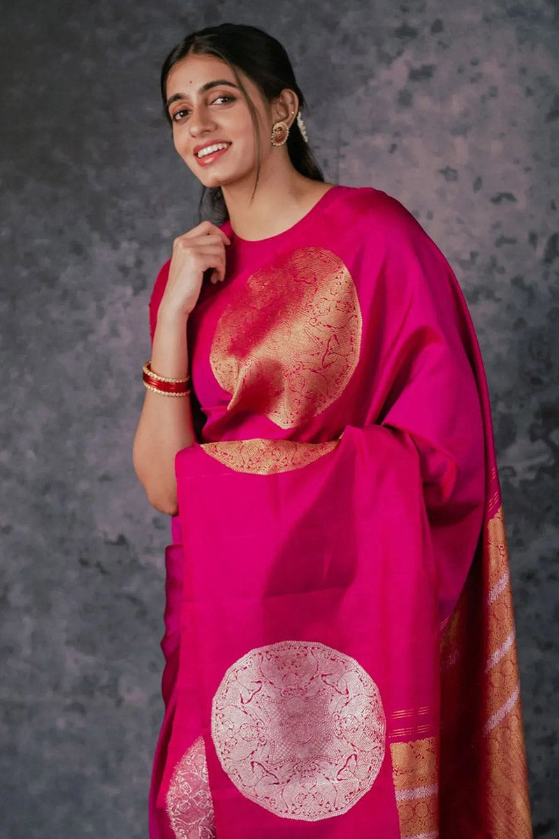 Demanding Pink Soft Silk Saree With Elaborate Blouse Piece