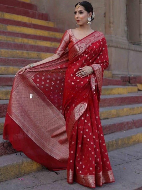 Adorable Red Soft Silk Saree With Bewitching Blouse Piece