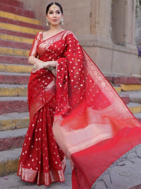 Adorable Red Soft Silk Saree With Bewitching Blouse Piece