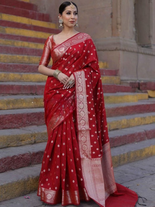 Adorable Red Soft Silk Saree With Bewitching Blouse Piece