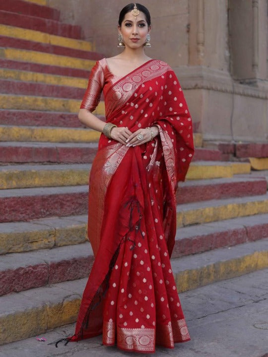 Adorable Red Soft Silk Saree With Bewitching Blouse Piece