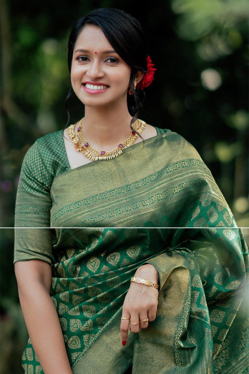 Tempting Green Soft Silk Saree With Blissful Blouse Piece