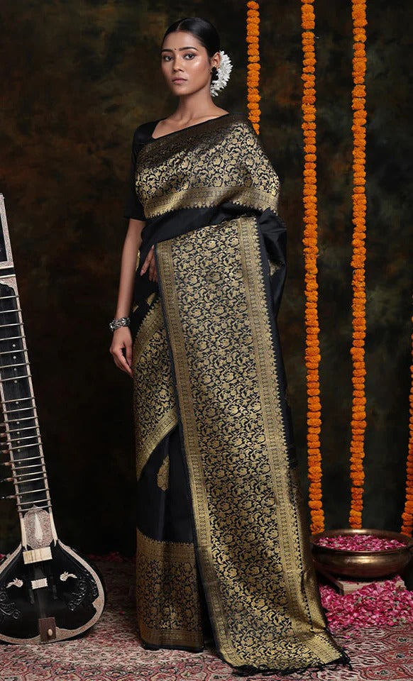 Murmurous Black Soft Silk Saree With Prodigal Blouse Piece