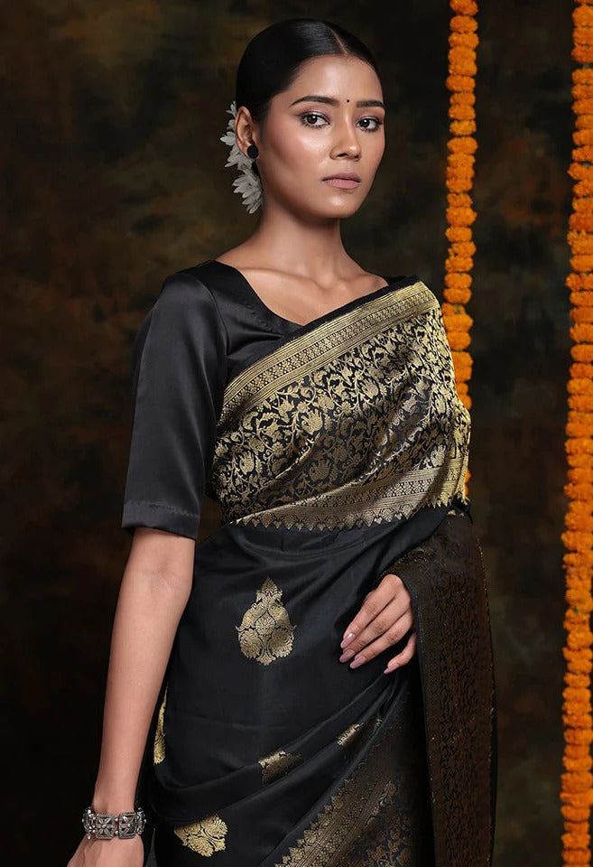 Murmurous Black Soft Silk Saree With Prodigal Blouse Piece