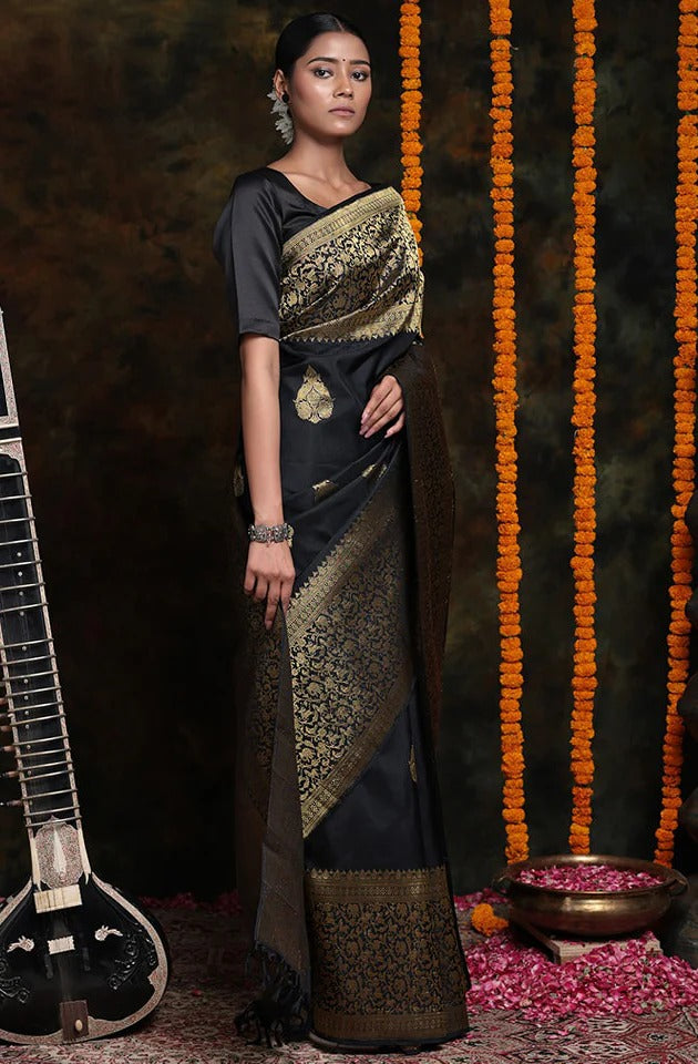 Murmurous Black Soft Silk Saree With Prodigal Blouse Piece