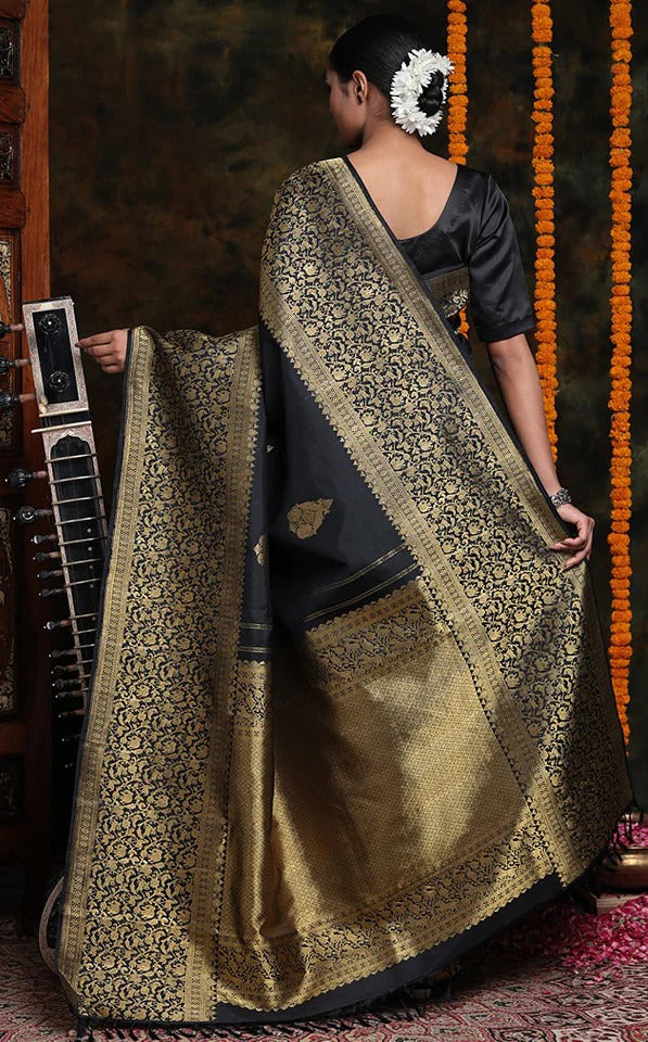 Murmurous Black Soft Silk Saree With Prodigal Blouse Piece