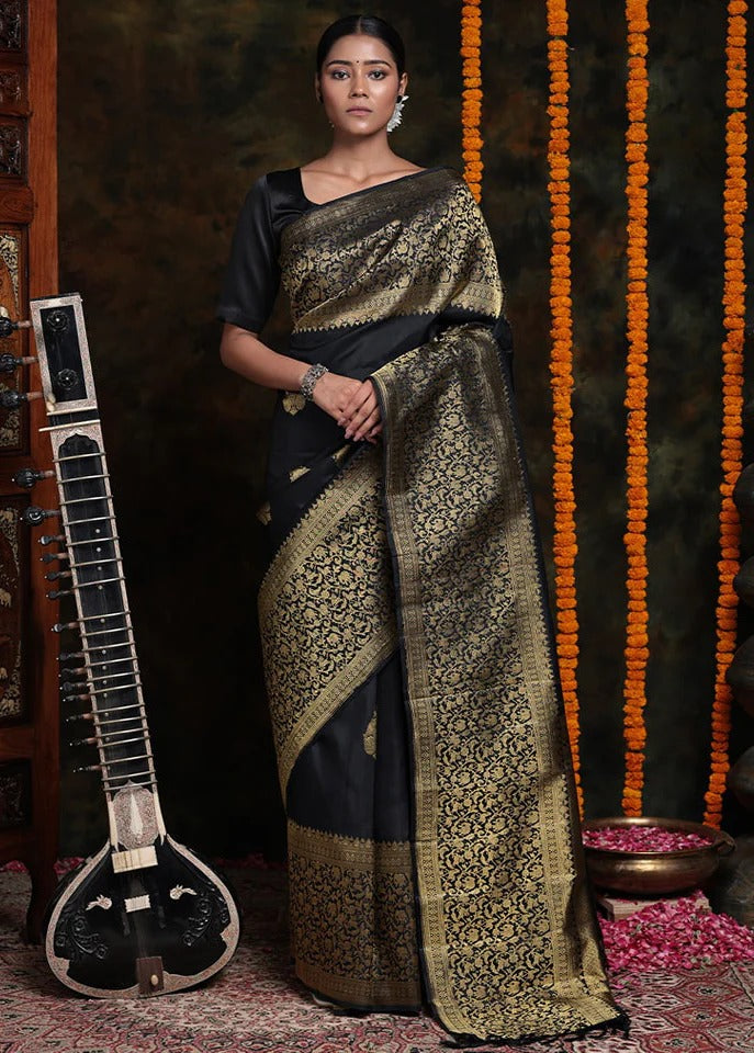 Murmurous Black Soft Silk Saree With Prodigal Blouse Piece