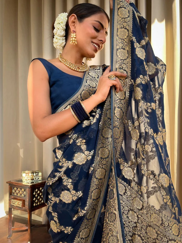 Fairytale Navy Blue Color Soft Banarasi Silk Saree With Girlish Blouse Piece