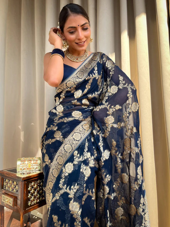 Fairytale Navy Blue Color Soft Banarasi Silk Saree With Girlish Blouse Piece