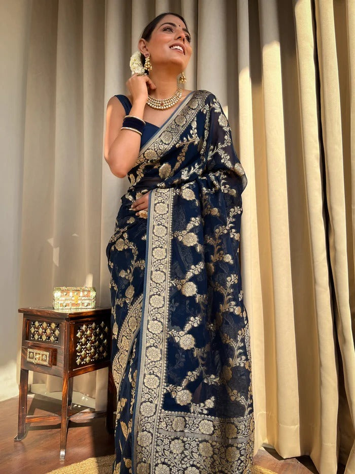 Fairytale Navy Blue Color Soft Banarasi Silk Saree With Girlish Blouse Piece