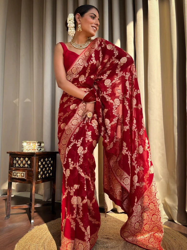 Scintilla Red Color Soft Banarasi Silk Saree With Tempting Blouse Piece